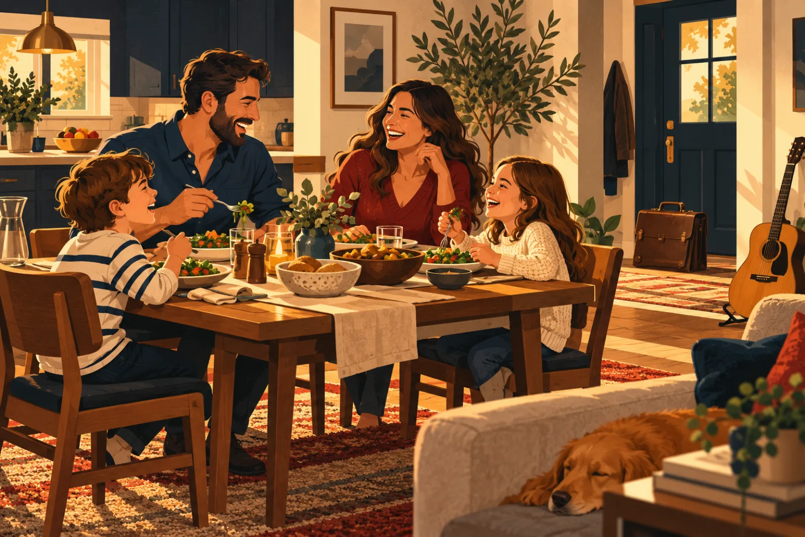 Illustration: a full life — family dinner, work bag by the door, a guitar on the wall