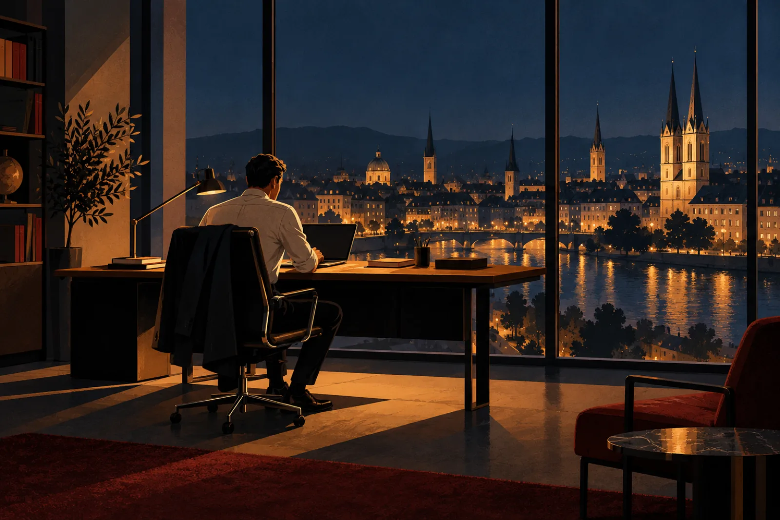 Illustration: working alone late at night at the office