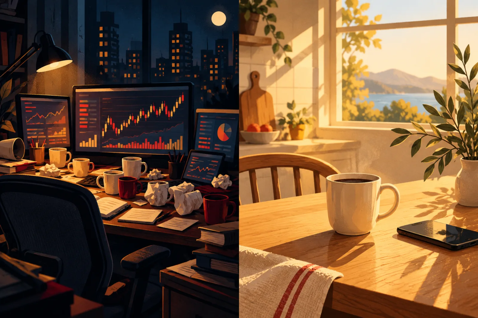 Illustration: chaotic trading desk versus a calm 15-minute routine