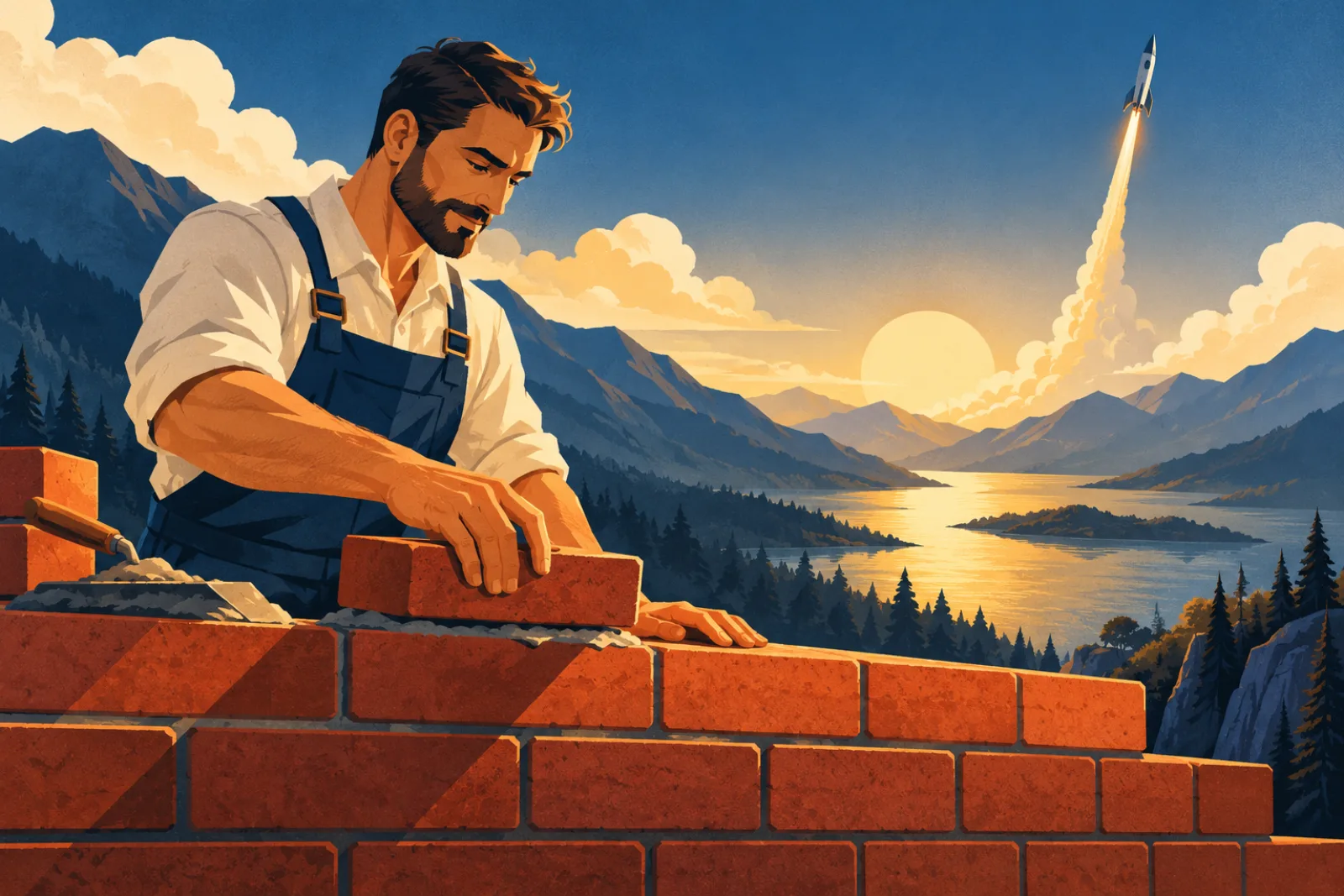 Illustration: steady brick-laying while rockets chase hype