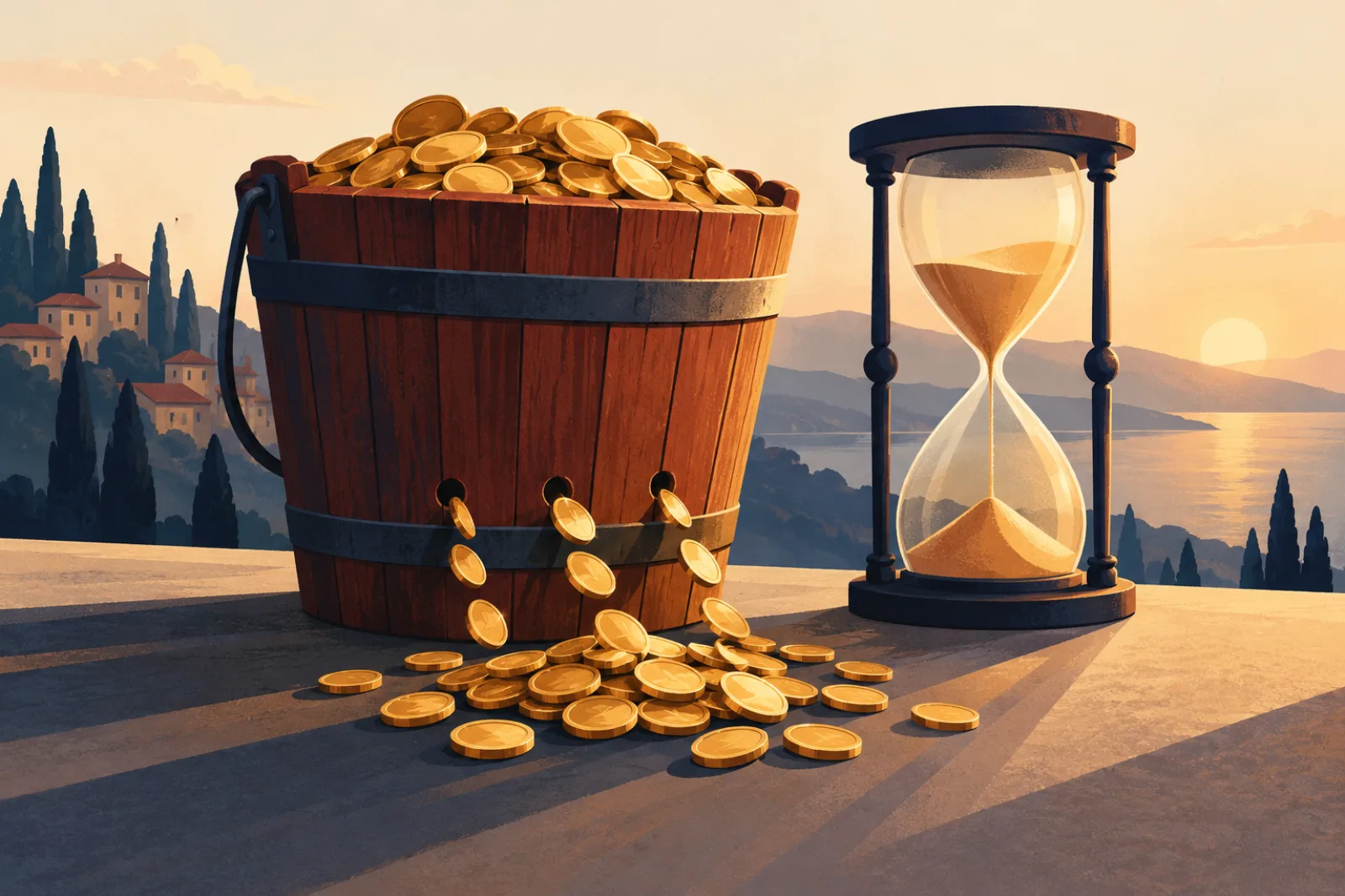 Illustration: a leaking bucket of savings - accumulation alone is not enough
