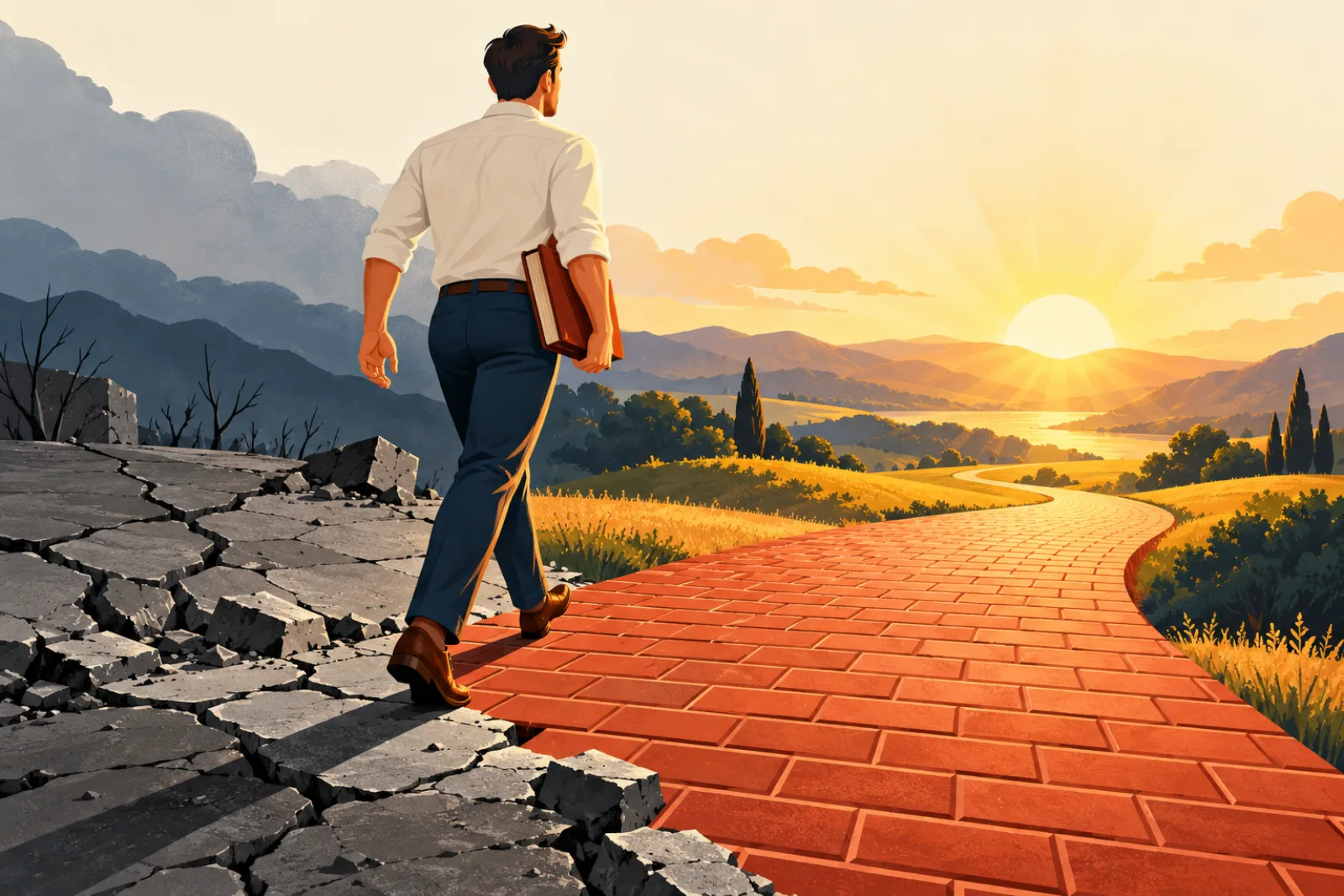 Illustration: stepping onto a new path toward the sunrise, book in hand
