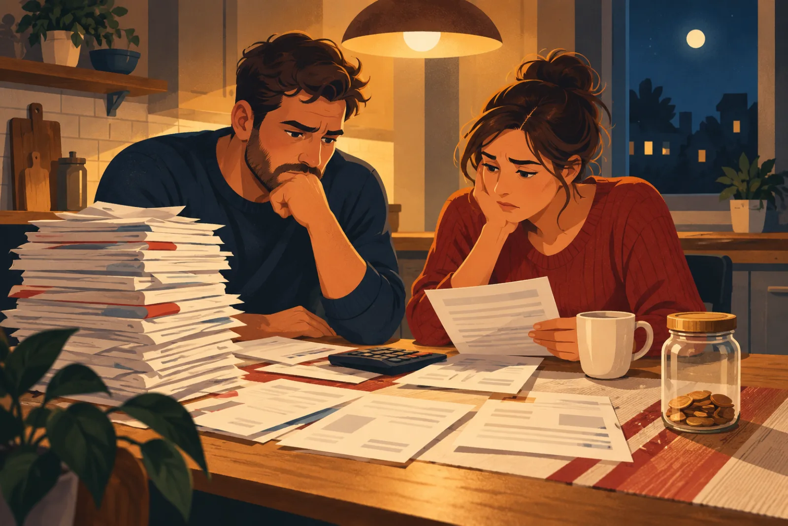 Illustration: a couple at the kitchen table where the math no longer adds up