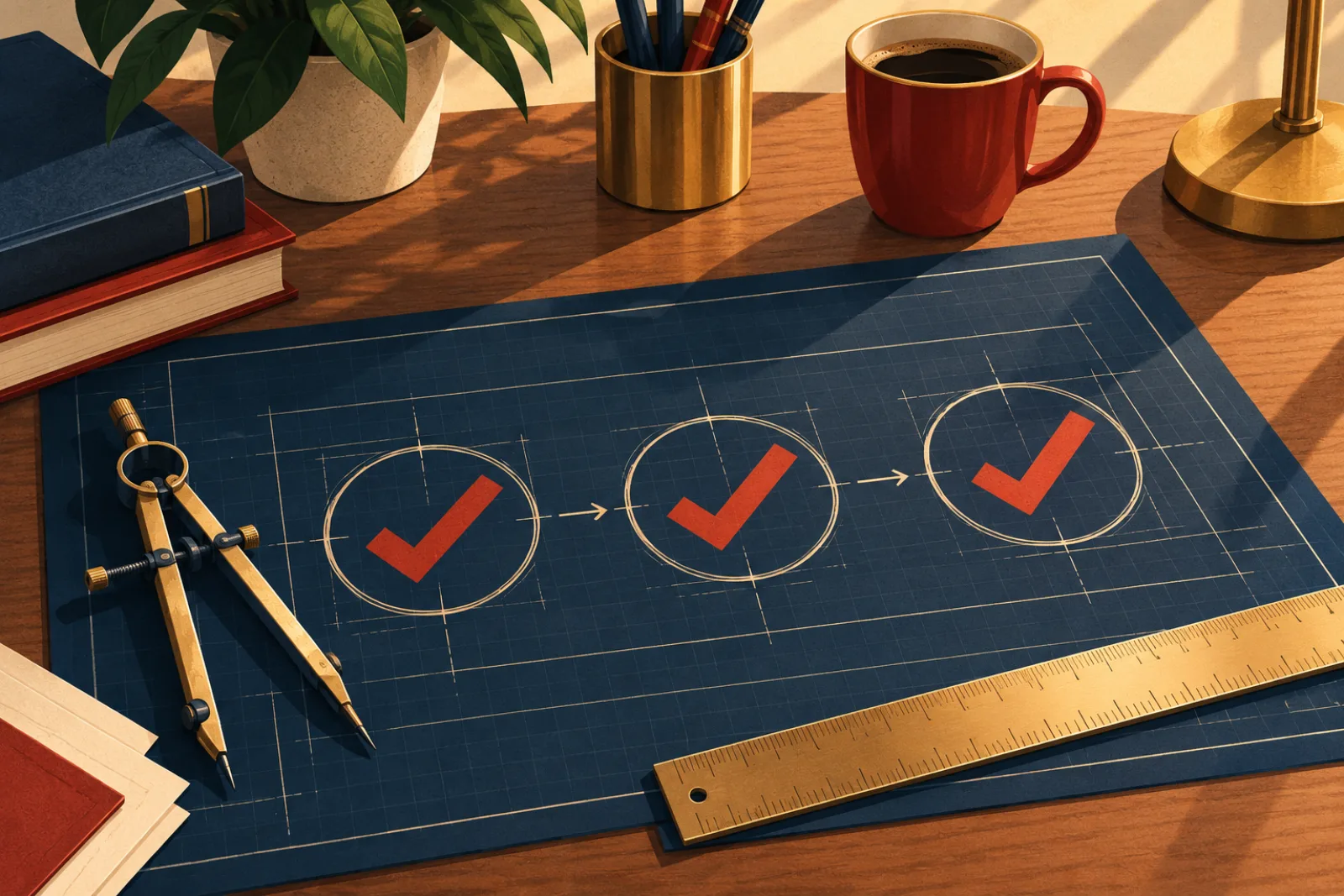 Illustration: an engineer’s desk with a precise, repeatable checklist