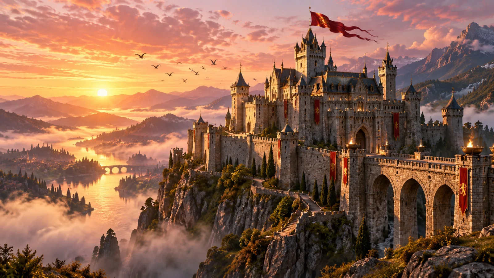 Illustration: the finished financial fortress at sunrise
